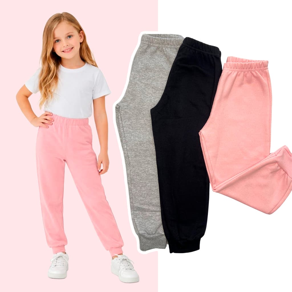 Kit 4 Calças de Moletom Infantil Feminina com Elástico Flanelada Outono Inverno