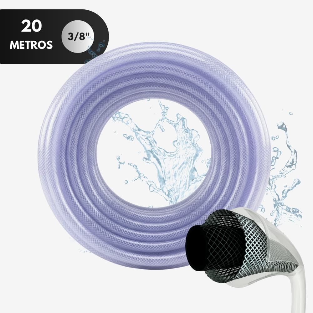 Mangueira Trançada 20m Slim Transparente 3/8 com Engate e Esguicho