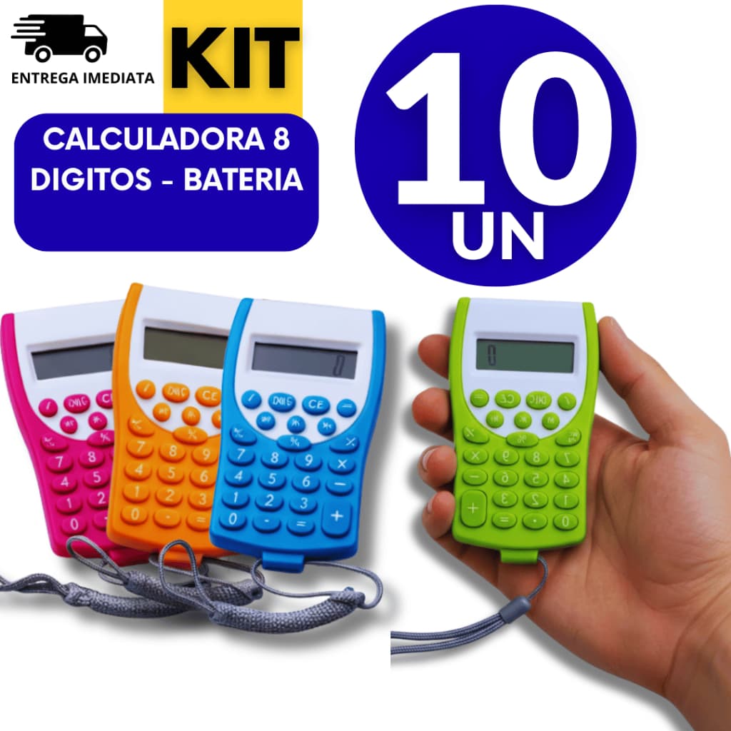 Jogo 10 Mini Calculadora com Cordão Auto Desligável C/8 Dígitos Portátil Cores Sortidas Premium Cores Sortidas