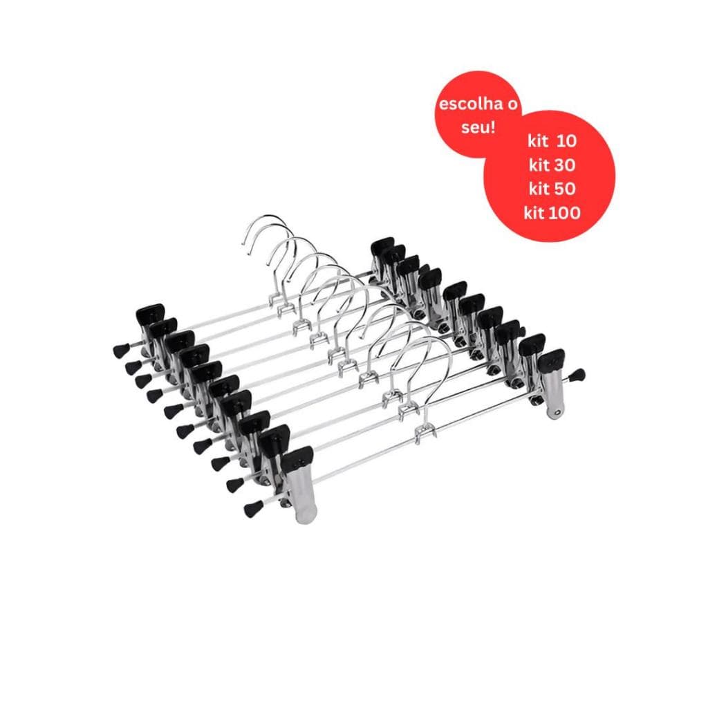 Kit 10 30 50 100 Cabides com Presilha Metal Cromado Premium para Calça Saia Bermuda