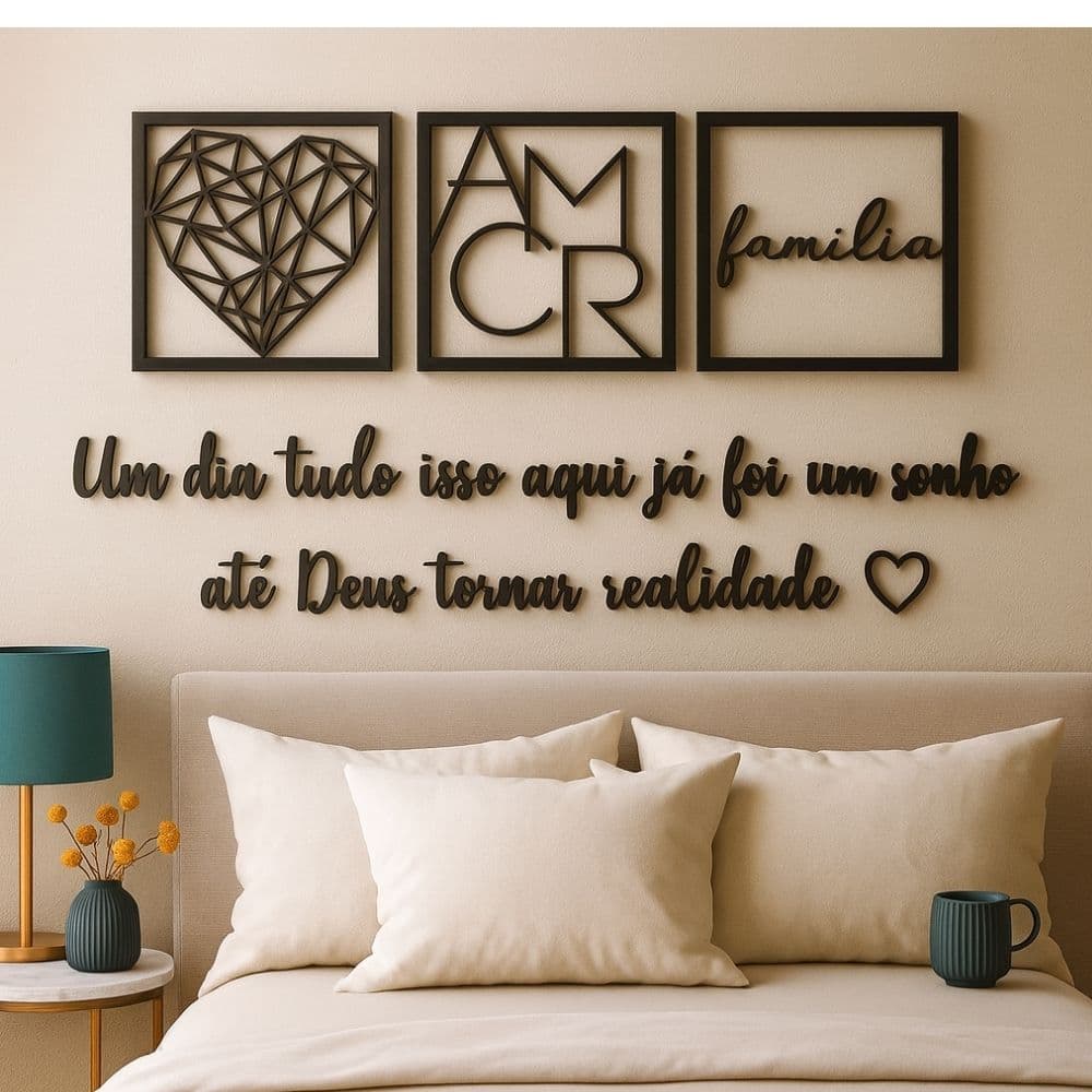 Kit 3 Quadros Cabeceira Familia Coração Geométrico Amor + Frase de Parede Variados Sala Mini coração