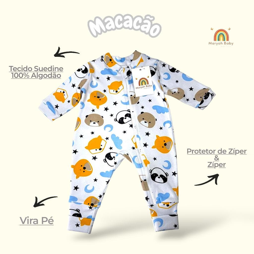 Macacão de bebê Para Menino Vira Pé Raposa Moderno Com Zíper Suedine 100% Algodão