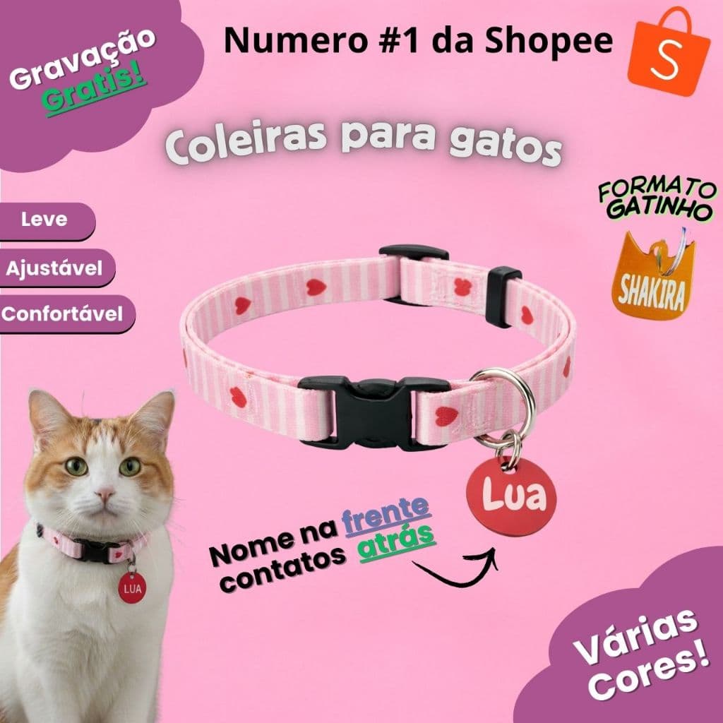 Coleira para gatos com plaquinha de identificação ajustável