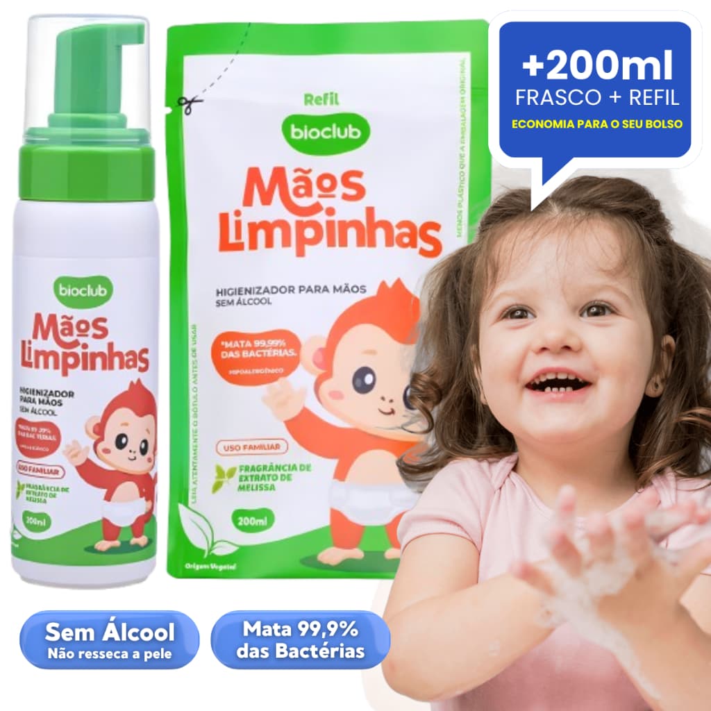 Kit Higienizador Mãos Limpinhas Sem Álcool 200ml Bioclub C/ Refil - Não Resseca as Mãos e Elimina 99,9% das Bactérias
