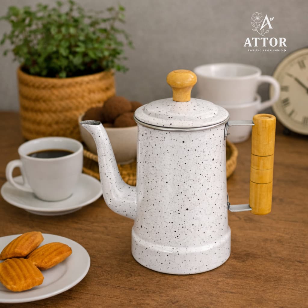 BULE N6 1 L PINTADO BRANCO PINTADINHO COM CABO DE MADEIRA E PEGADOR DA TAMPA DE MADEIRA ALUMÍNIO RETRÔ CANTINHO DO CAFÉ