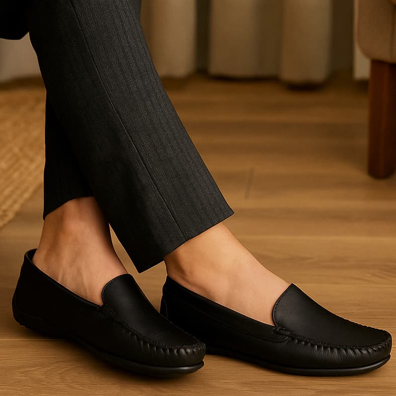 Mocassim Feminino Sapatilha Couro Costura Manual Sapato Liso Alto Conforto Calce Fácil  Preto