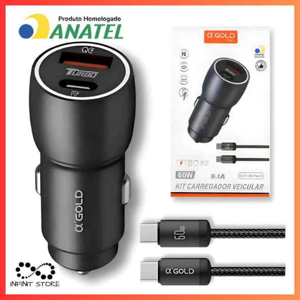 Kit Carregador Veícular Turbo 60W PD + USB-C Com Cabo Tipo-C/Tipo-C/Lightning Compatível Com Android e iPhone