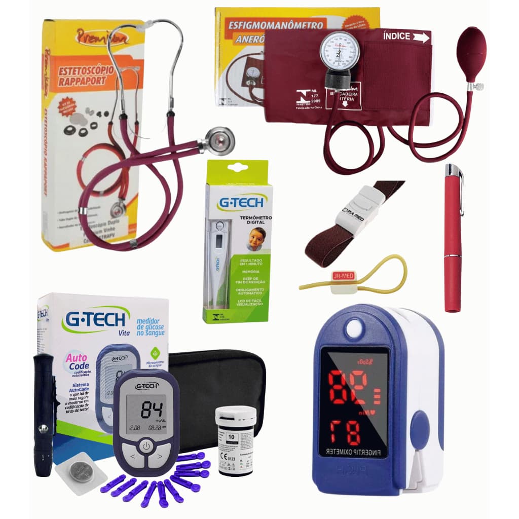 Kit Enfermagem Medicina Fisioterapia Completo Aparelho de Pressão + Estetoscópio Duplo + Oximetro