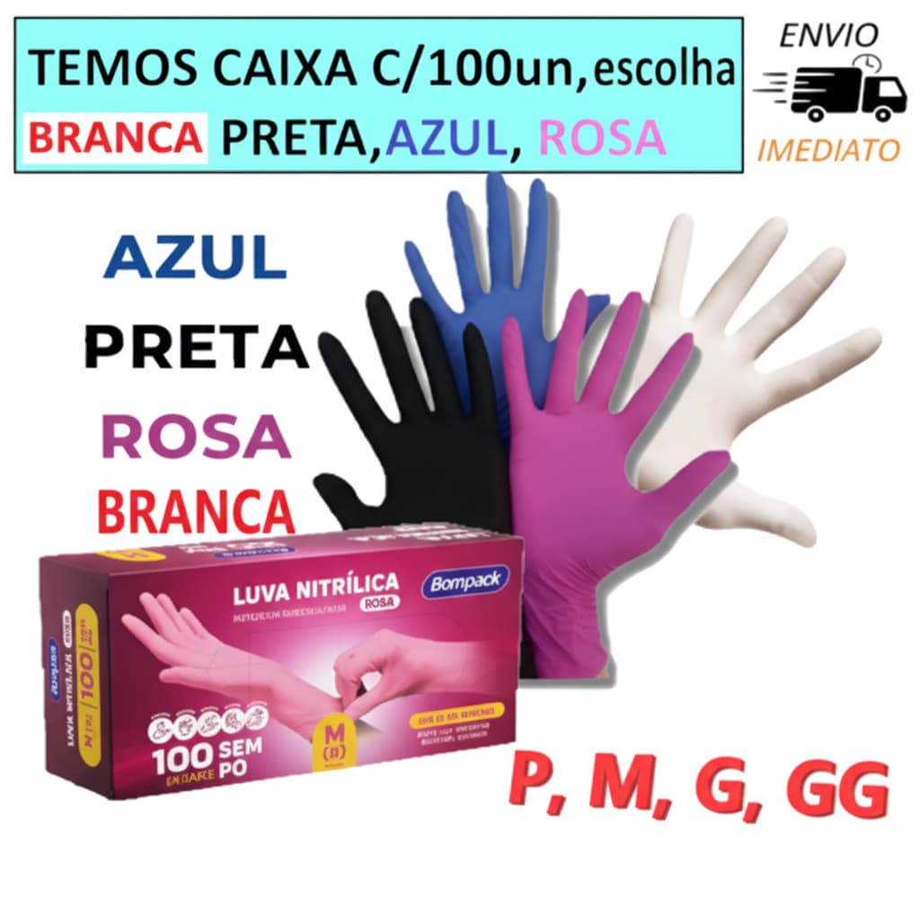 KIT 100 Luvas Nitrílicas Sem Pó Resistente Bompack nitrilo com certificado