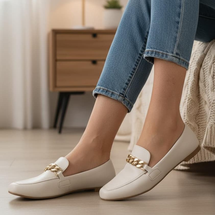 Mocassim Feminino Elegante Casual Confort Bico Quadrado Corrente Promoção Ref. 4706