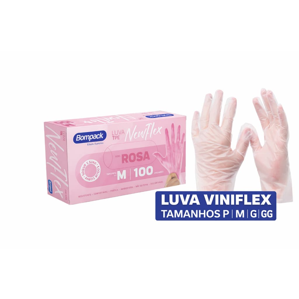 Luva Descartavel Rosa Viniflex Caixa com 100 Unidades P M G GG Bompack