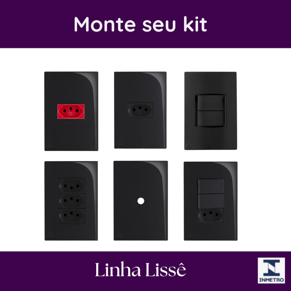 Tomada e Interruptor Preto, Tomada 10a 20a paralelo, dupla, Monte seu Kit Lissê Preta Brilhante