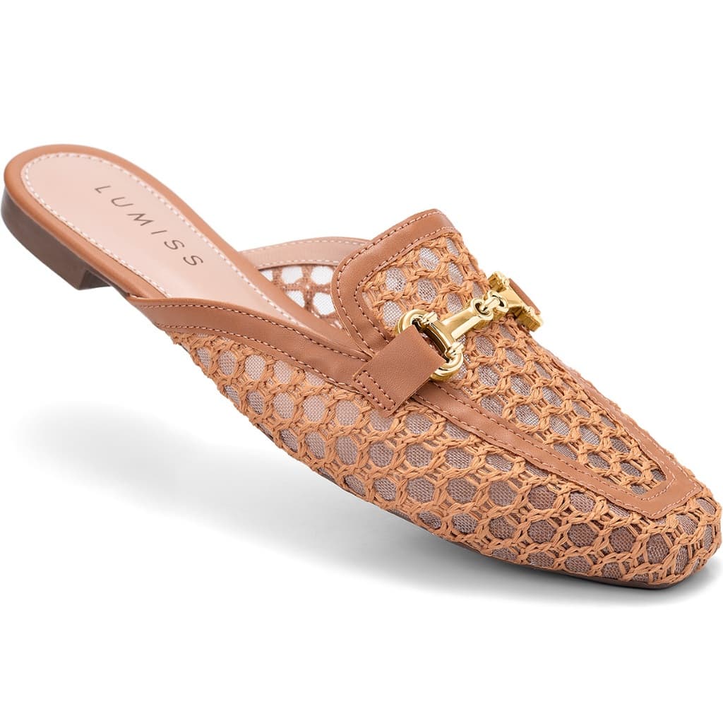 Mule Feminino Lumiss Material Natural Tela Bico Quadrado Confortável Enfeite Dourado