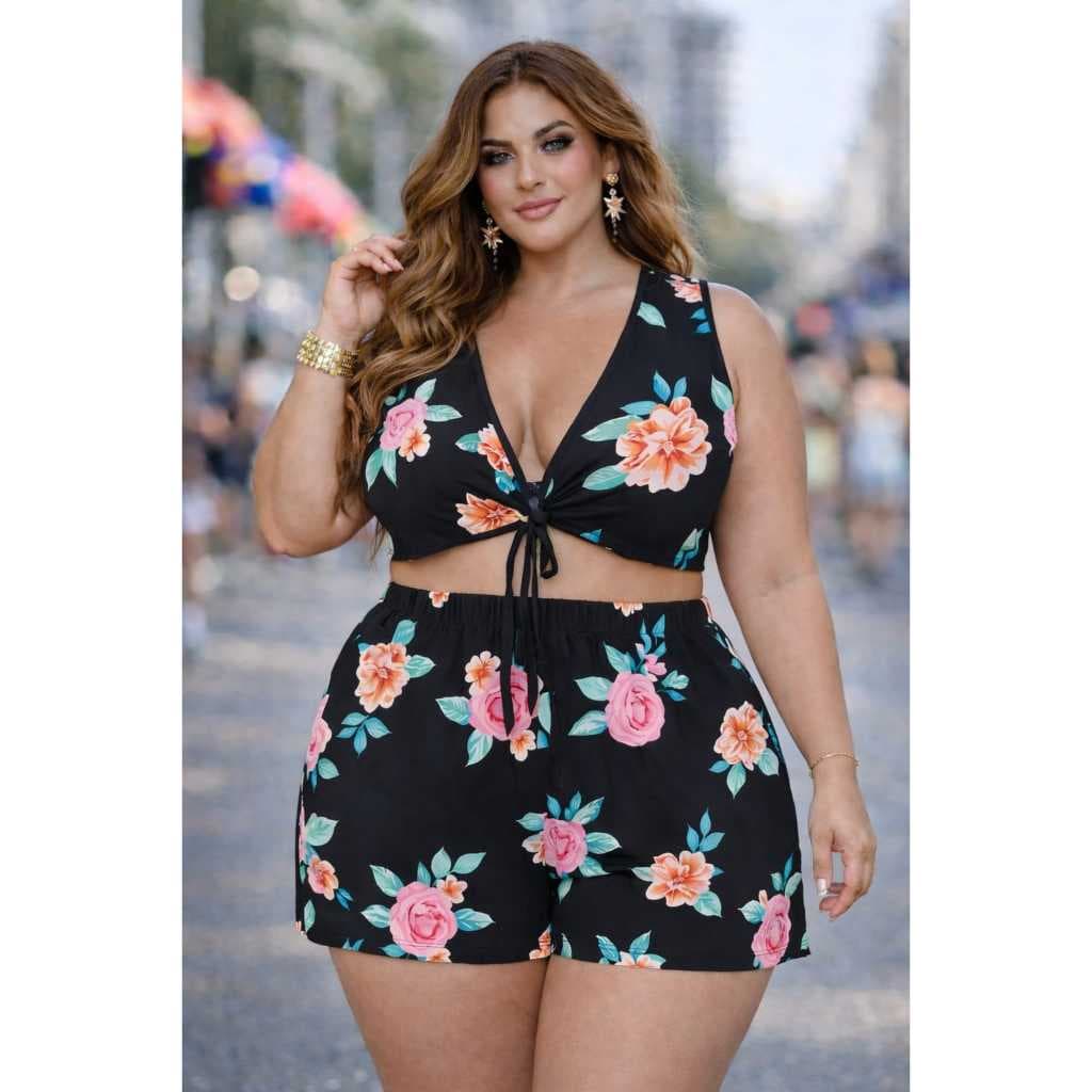 CONJUNTO FLORAL CROPPED+ SHORT  FEMININO PLUS SIZE CURVY VERÃO