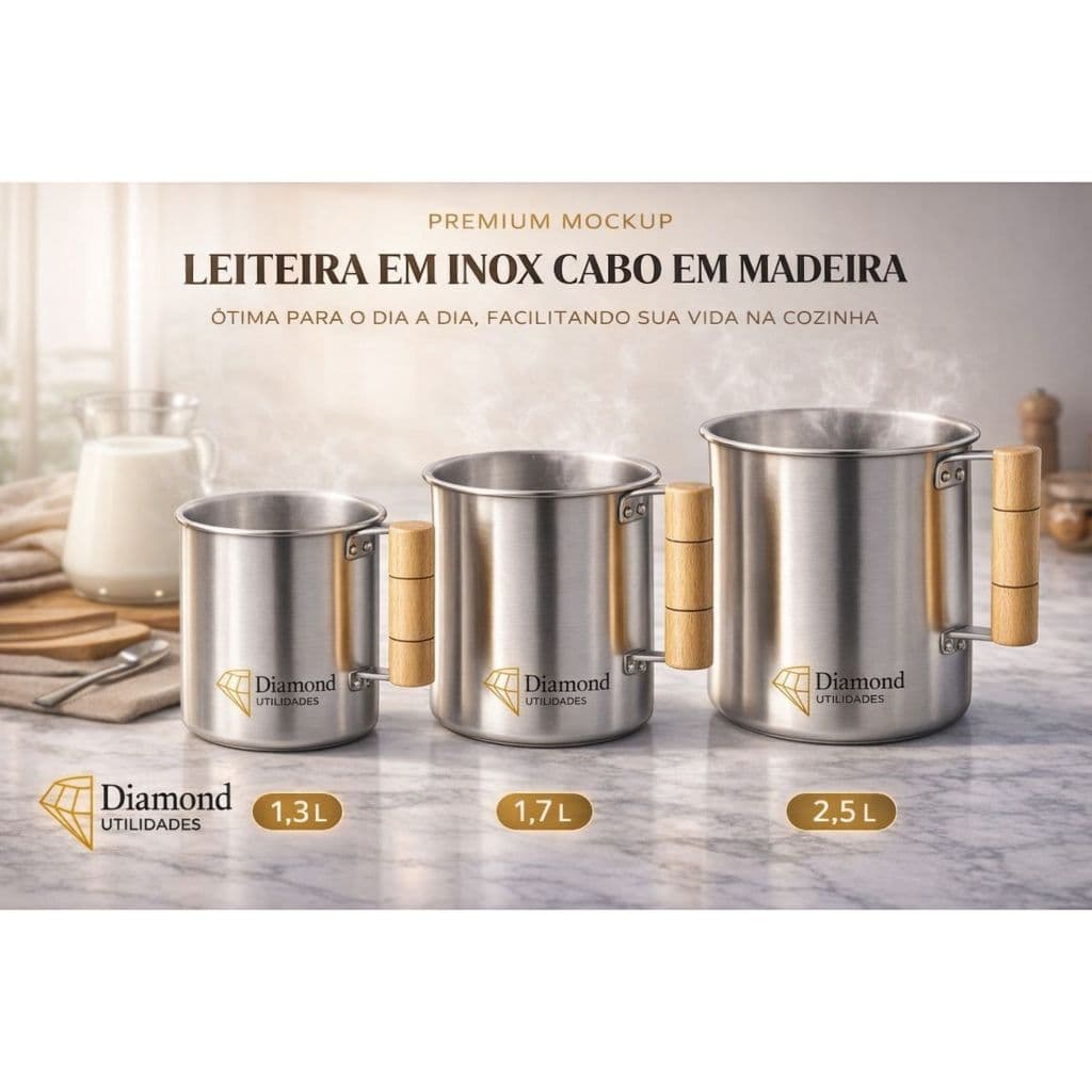 Kit 3 Canecas Leiteiras Alumínio com Cabo de Madeira Nº 12, 14 e 16 – Fogão Cozinha