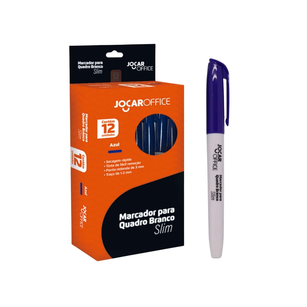 Marcador para Quadro Branco Slim Azul Caixa com 12 Unidades Jocar Office Leonora Material Escolar