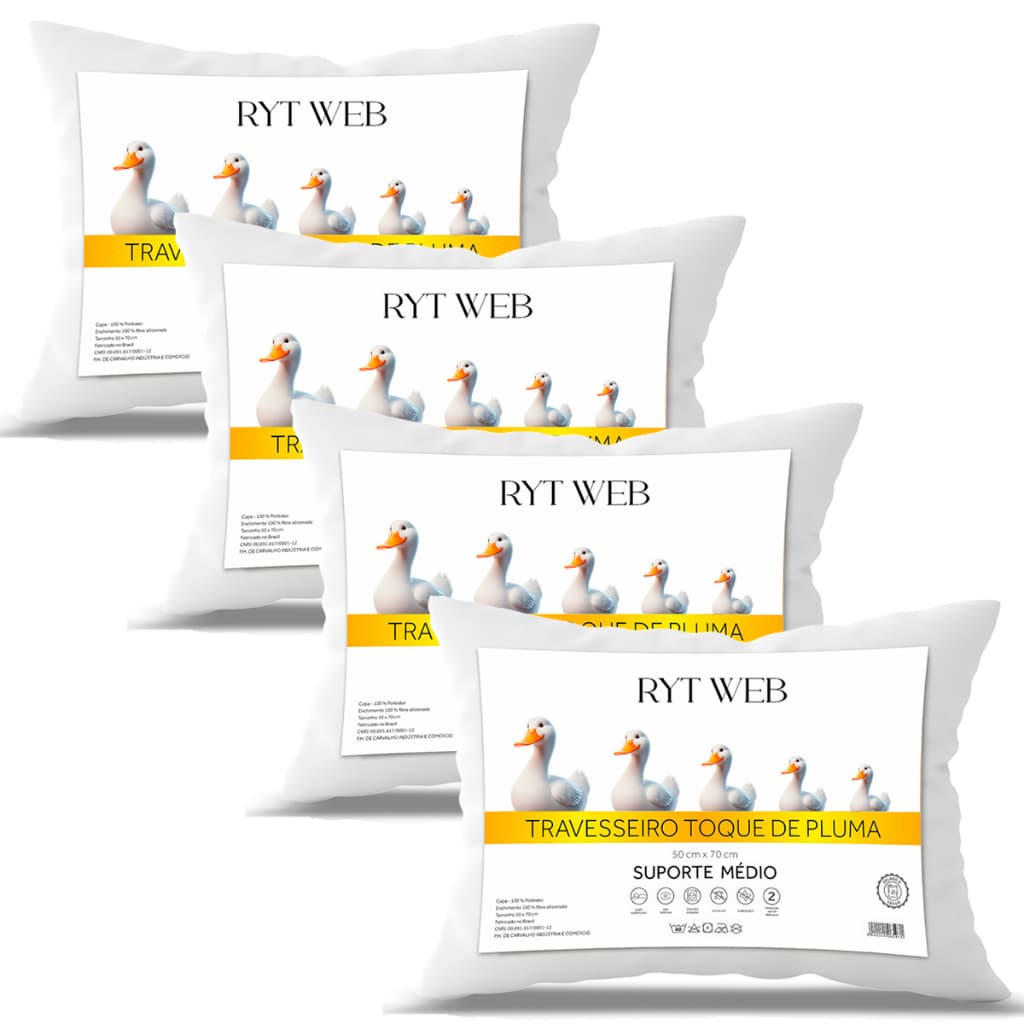 Kit 4 Travesseiro Pluma de Ganso Confortavel e Macio Antiacaro 50x70cm