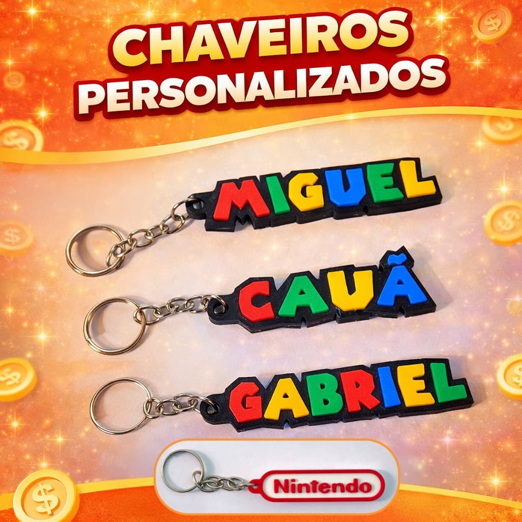 Chaveiro 3D Personalizado Tema Super Mario com Seu Nome + logo Nintendo