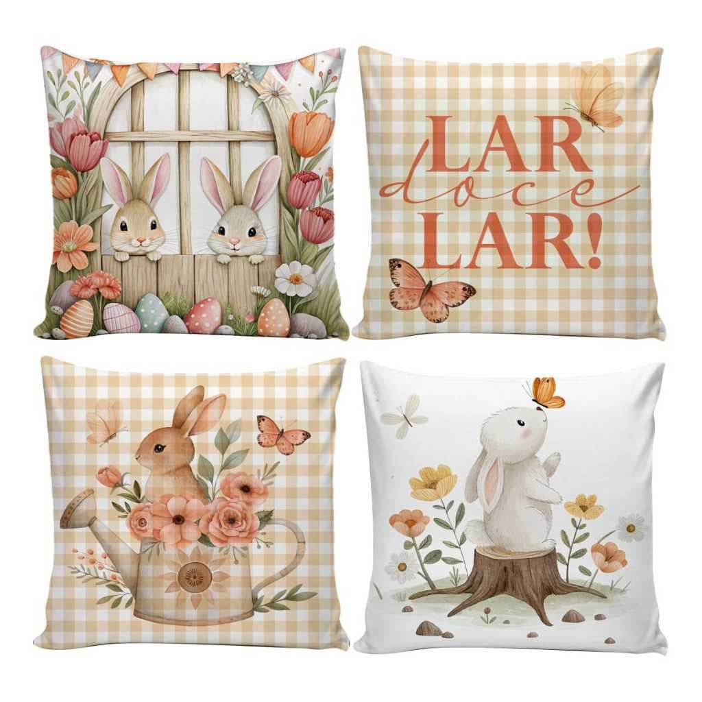 Kit  4 Capas de Almofadas Decorativas 45x45cm de Páscoa para Sala Quarto e Decoração Ovo de Páscoa