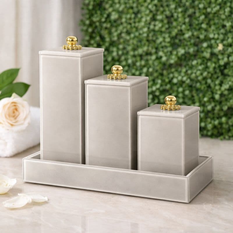 Kit De Banheiro 4 Peças Porta Escova 20x7 + Porta Cotonete 15x7 + Algodãox10x7 E Bandeja Dupla Vidro Luxo