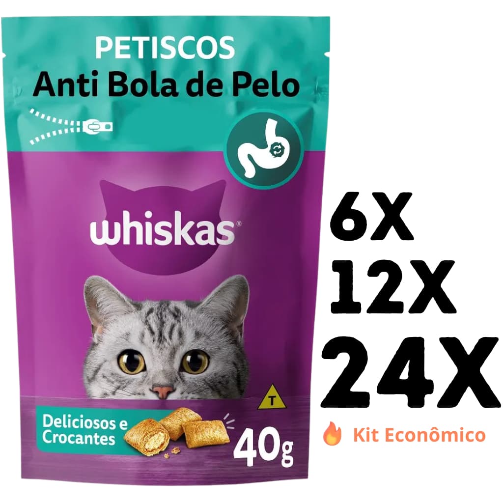 Whiskas Petisco Temptations Anti Bola de Pelo 40gr kits c/ até 24 unidades