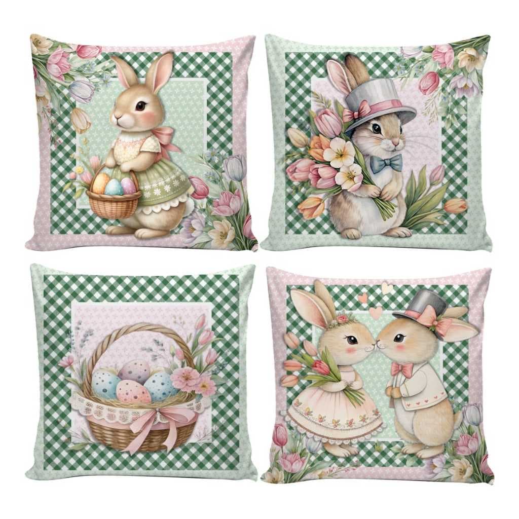 Kit 4 Capas de Almofadas Decorativas 45x45cm Feliz Páscoa Sala Quarto e Decoração Ovo de Páscoa
