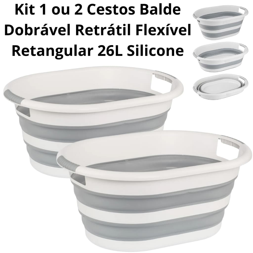 Kit 1 ou 2 Baldes Cesto Dobrável Retrátil Flexível Retangular 26L Silicone Lavanderia Powermaid