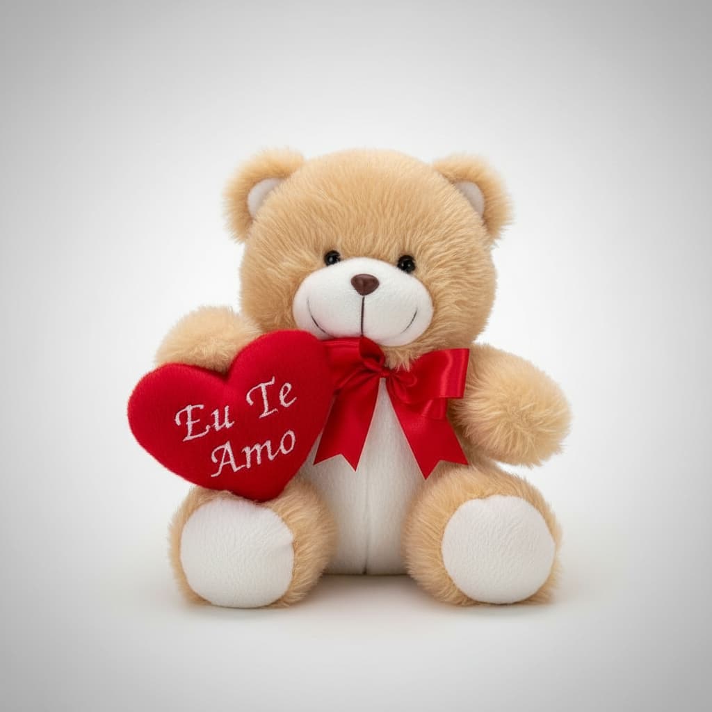 Urso de Pelúcia 20 cm com Coração Bordado e laço de Cetim