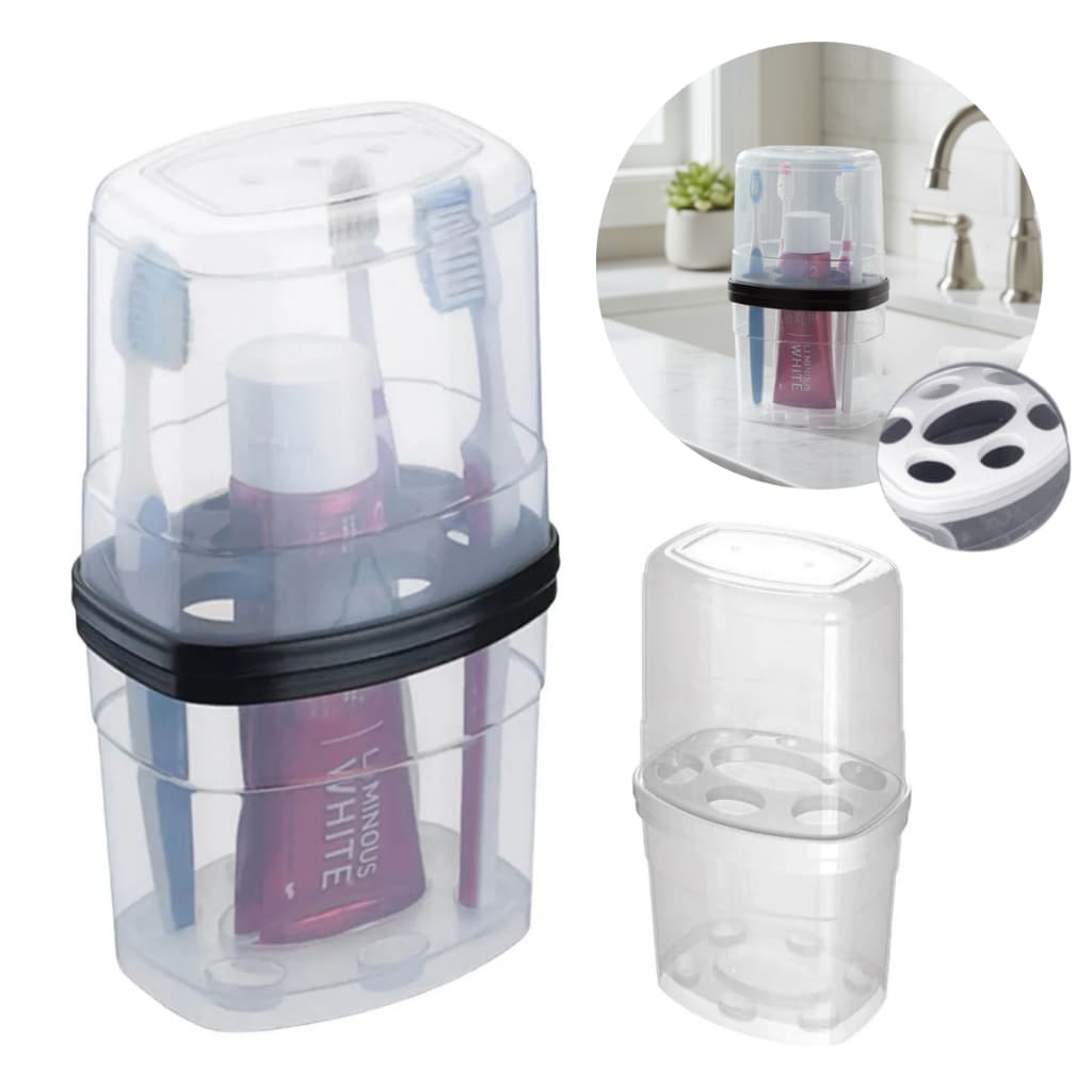 Porta Escova e Pasta de Dente com Tampa Encaixável Banheiro – Kit com 1 ou 2 Unidades