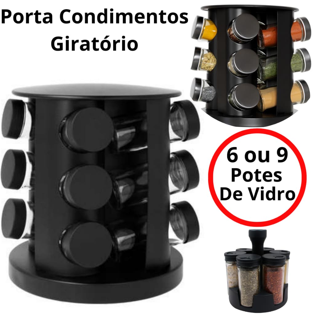 Porta Temperos Condimentos Giratório 6 e 9 Potes Vidro 90G com Tampa Dosadora + Etiquetas Adesivas