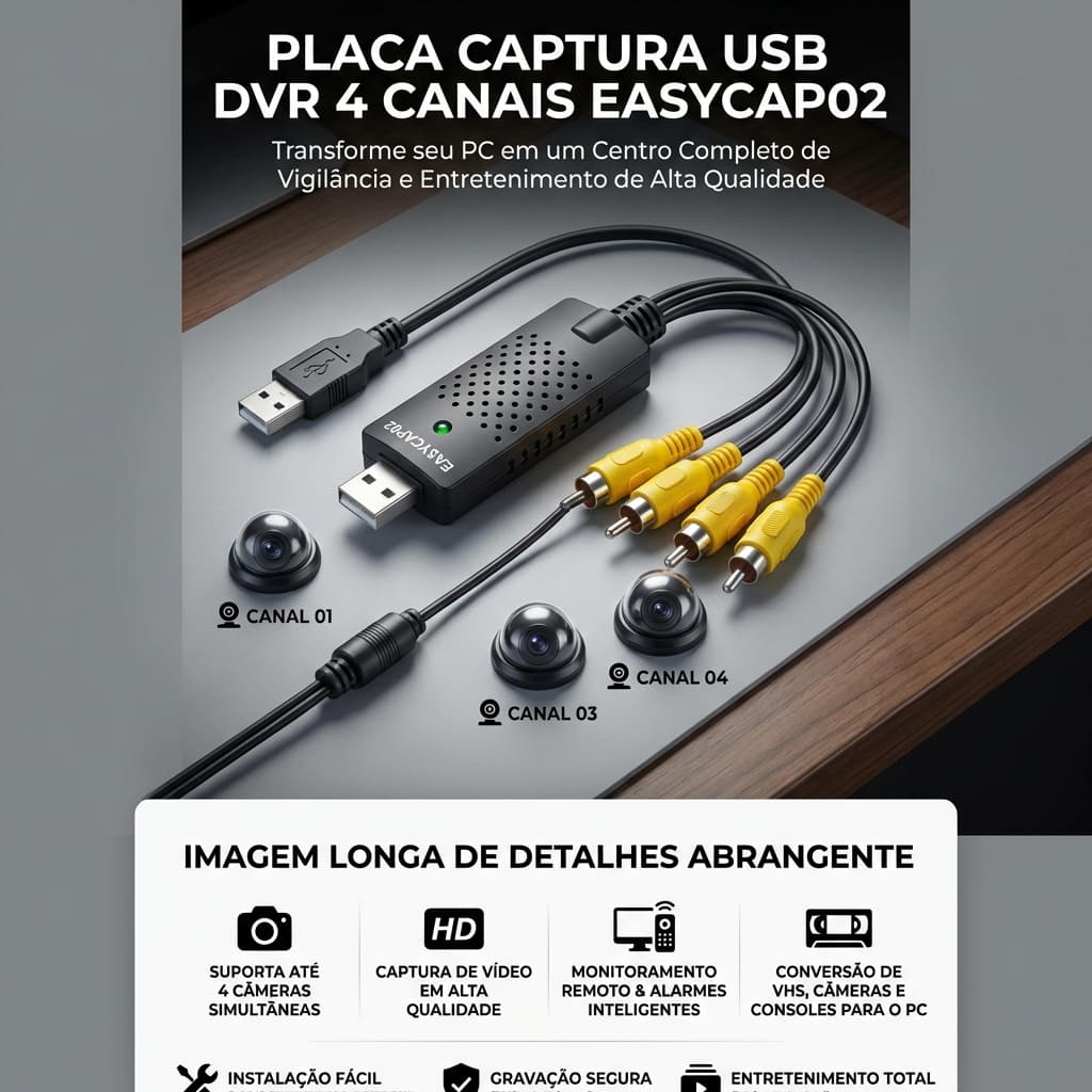 KIT 1 2 3 4 5 Placa de Captura USB DVR 4 Canais EasyCAP02 Transforme seu PC em um sistema de vigilância captura de vídeo