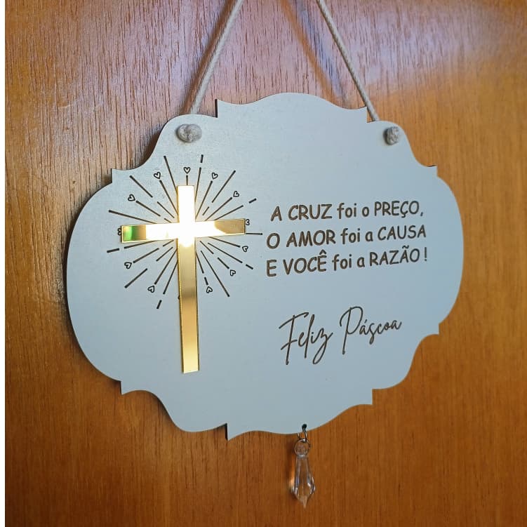 Placa Decorativa Páscoa Cristã em MDF 20x16 cm com Cruz Dourada