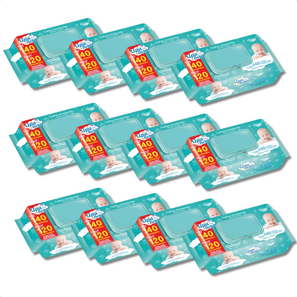Kit 1680 Lenços Umedecidos Upa Bebê Tampa Flip Top Caixa 12 Pacotes 140 Unidades