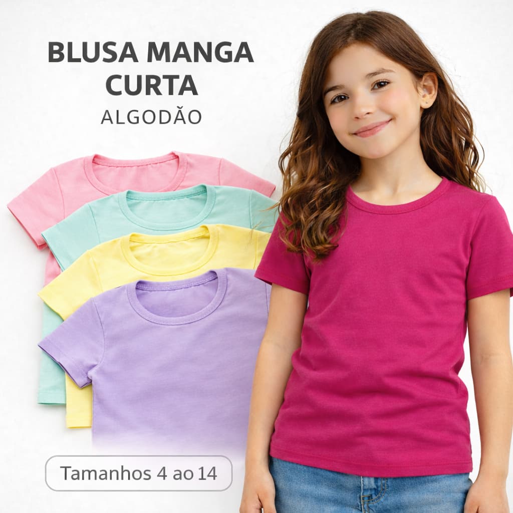 Kit Blusa Manga Curta Infantil Menina, Baby Look De Algodão Tamanhos 1 ao 14.