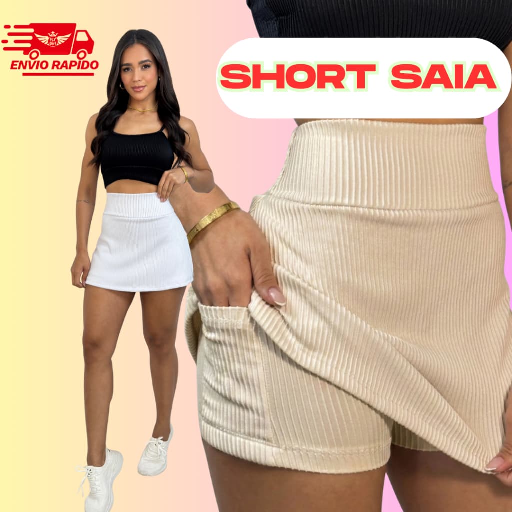 Short Saia  Modeladora Academia Feminino Cintura Alta  Rodado Fitness Tapa Bumbum Canelado 3D