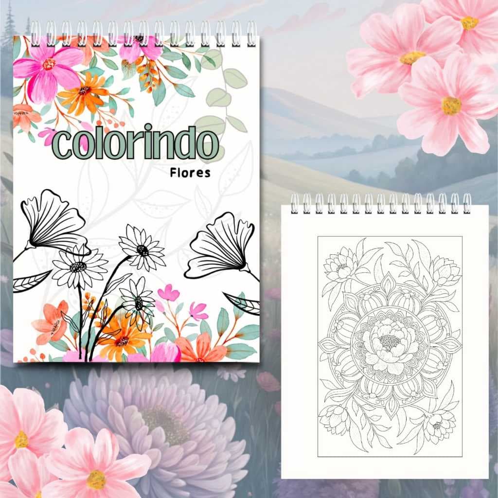 Livro de Colorir Colorindo Flores A5 | 50 Desenhos de Flores | Papel 180g | Capa Dura | Relaxante