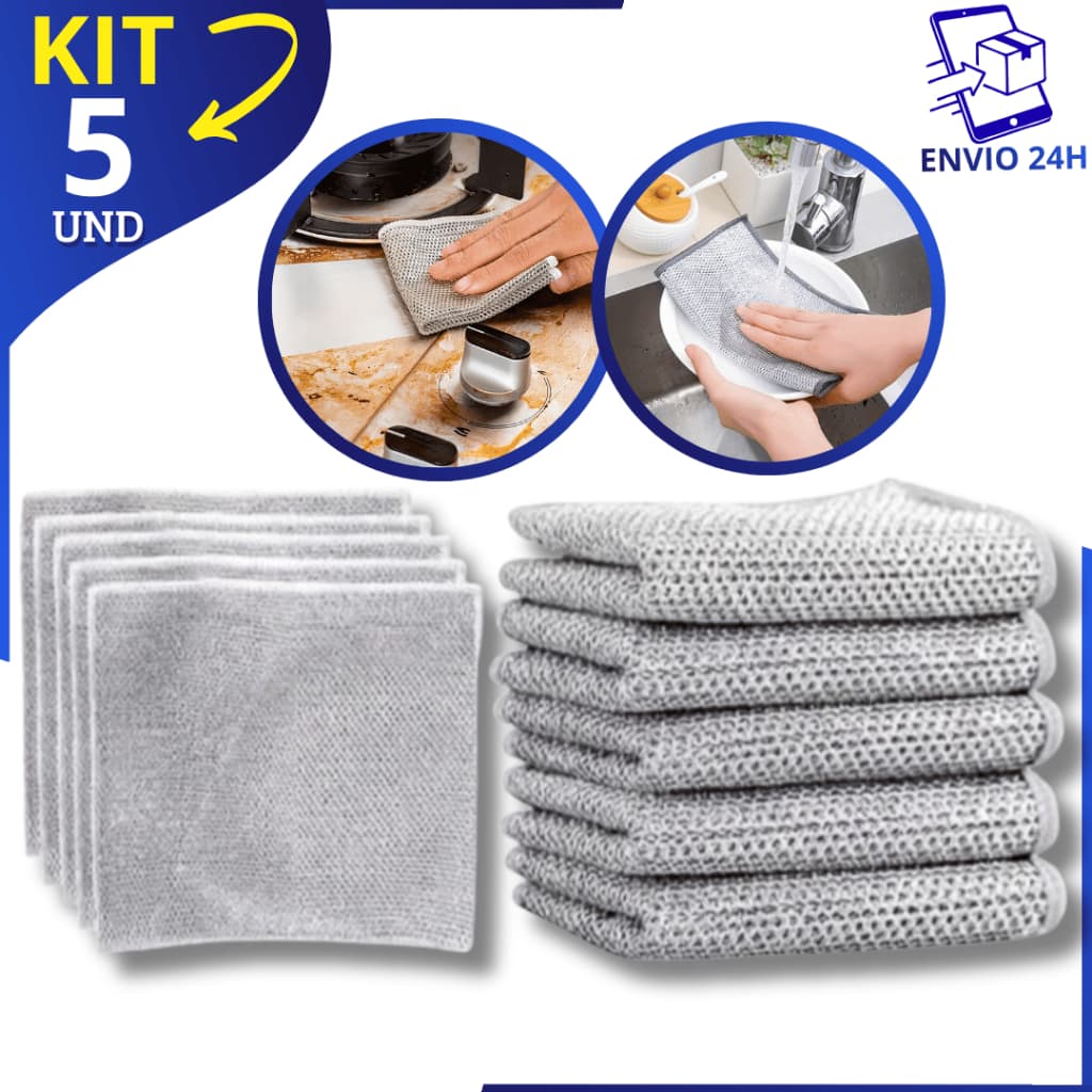 Kit 5 Pano Abrasivo Multiuso Dupla Camada | Limpeza Pesada p/ Cozinha, Louças e Superfícies