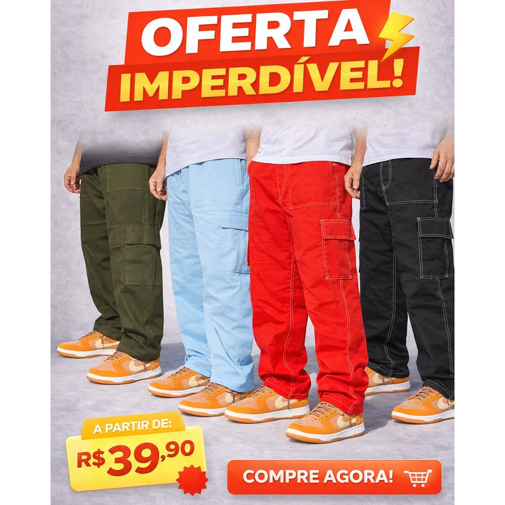 Calça Cargo Unissex Oversized Baggy Streetwear Várias Cores
