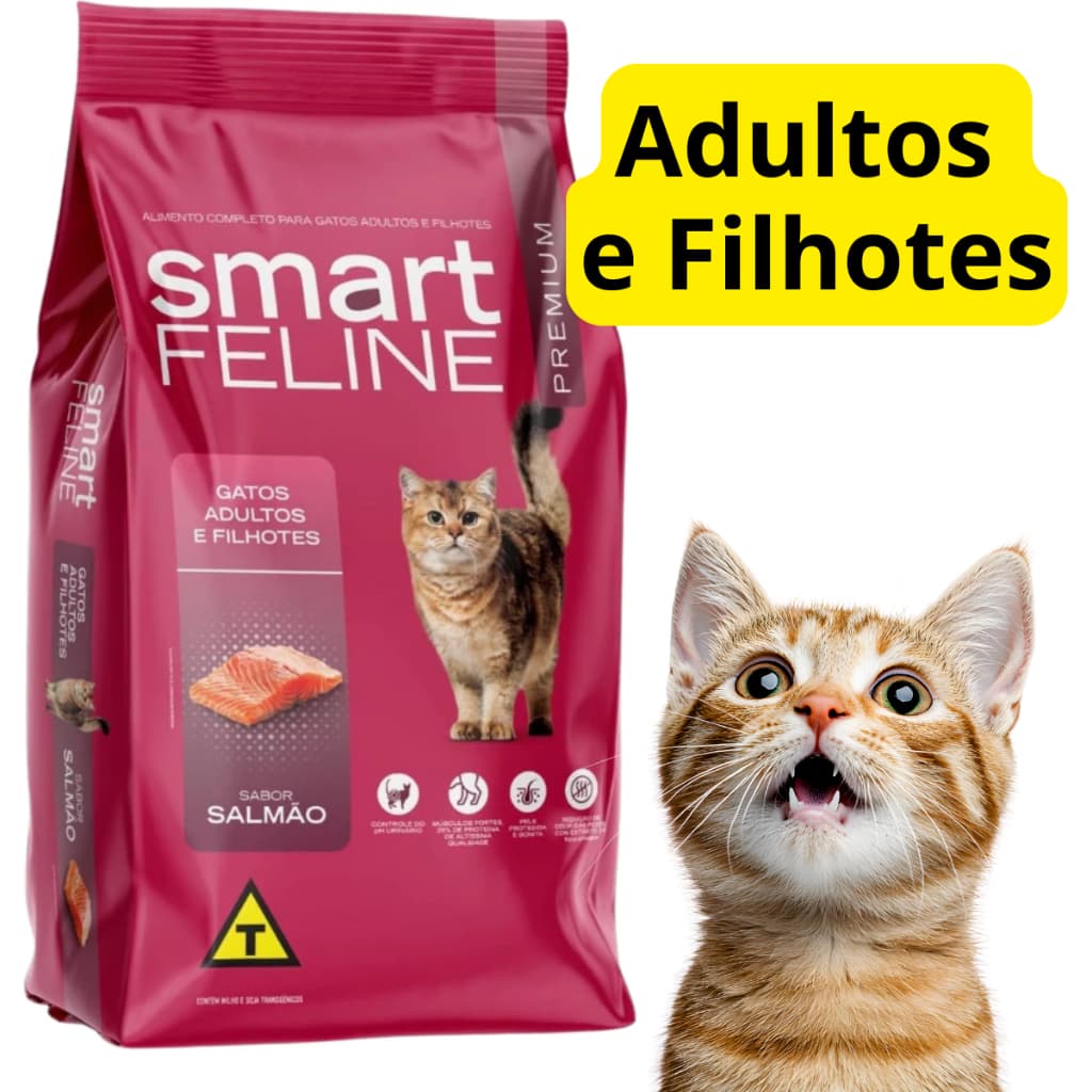 Ração para Gatos Adultos e Filhotes Salmão Smart Feline 5 kilos embalagem original 26 % proteina