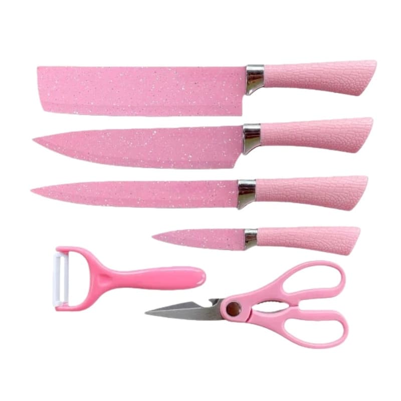 Jogo De Facas Inox com Descascador E Tesoura 6 Peças, Rosa/Azul