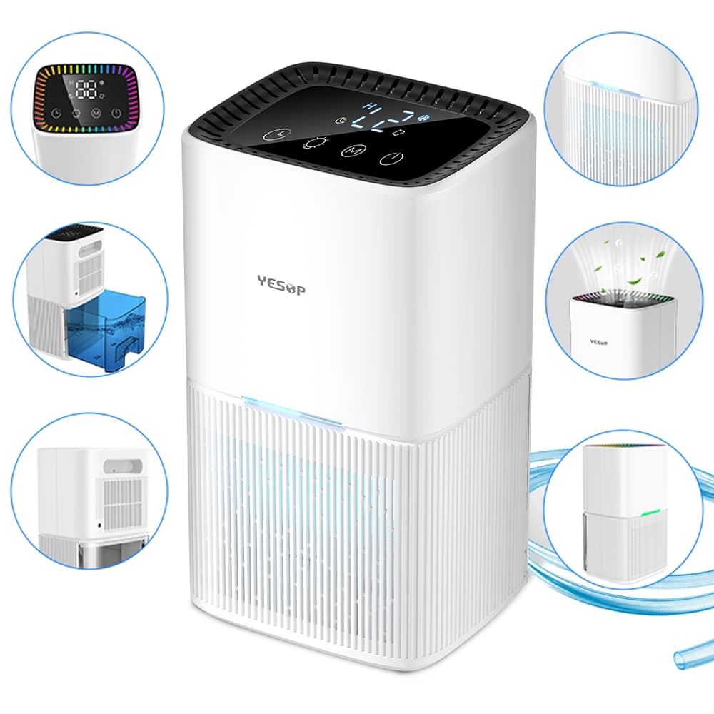 Desumidificador de Ar Eletrico 1.6L Yesop Tela LED Digital Touch Bivolt Silencioso Grande AntiMofo Portátil Casa Escrito