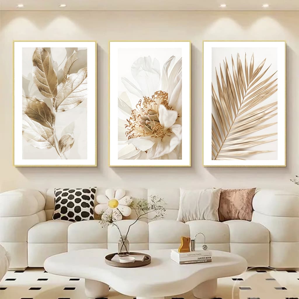 Kit 3 Quadros Decorativos Folhagem Dourada Gold Moldura 40X60 cm Sala Grande Moderno