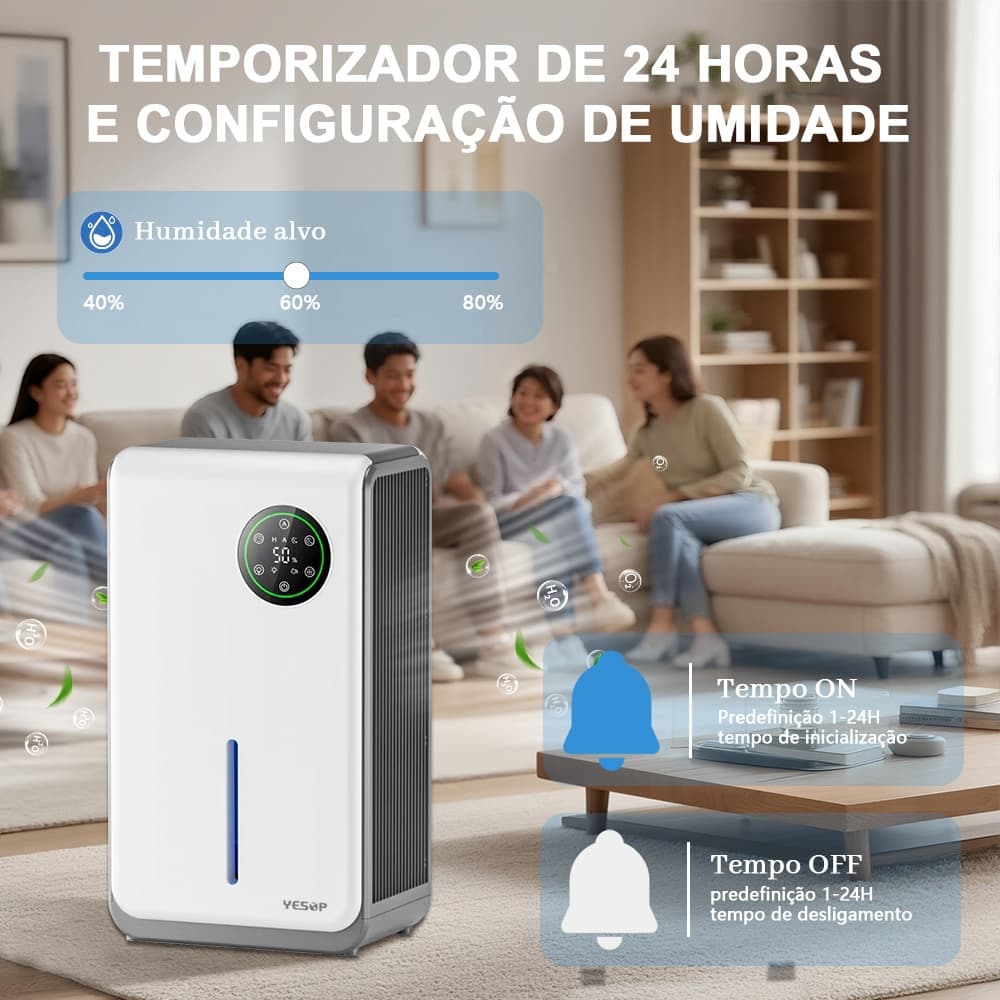 Desumidificador de Ar Yesop Silencioso com Painel Digital Touch, Controle Remoto e Reservatório 2,5L
