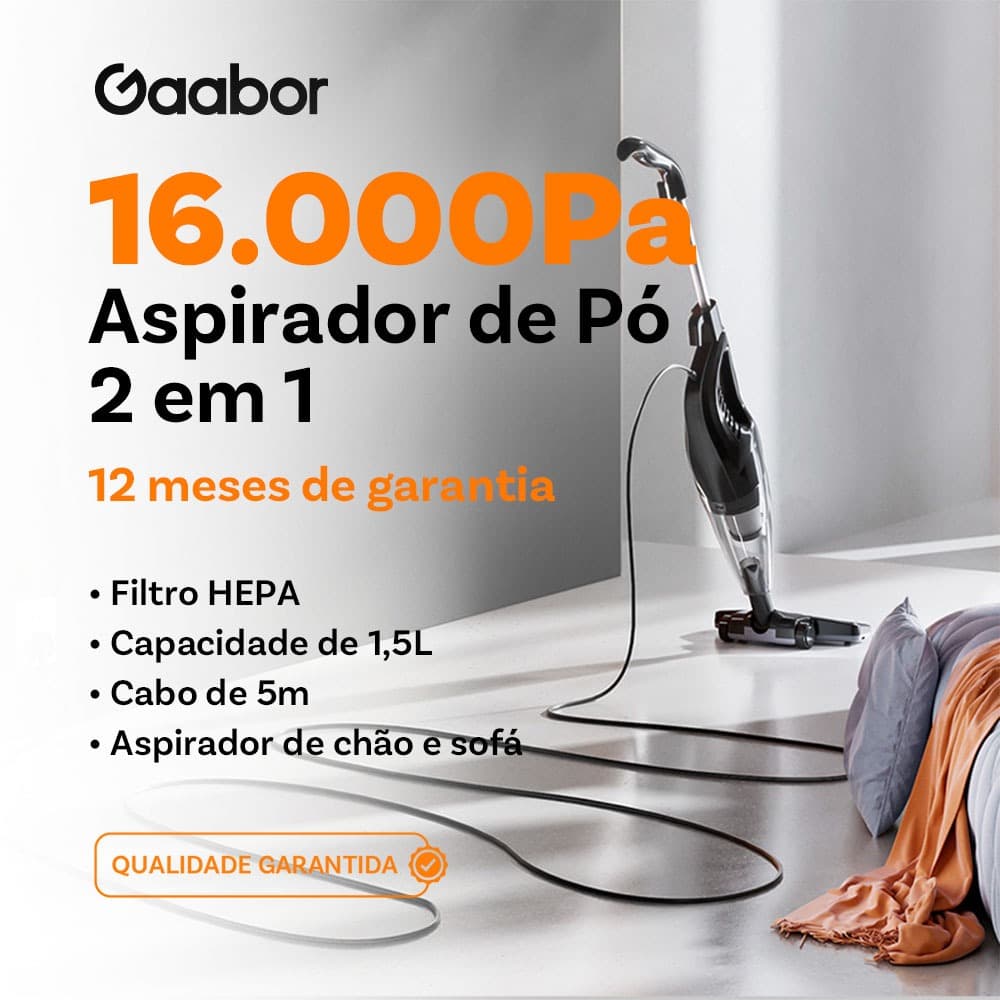 Gaabor Aspirador de Pó 2 em 1 Portátil com Haste 220V 16000Pa Sucção Forte GVCW-M15A