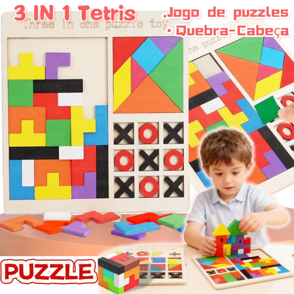 MEDOOSI 3 em 1 Tetris Brinquedo Quebra Cabeça de Madeira 3D Colorido/Jogo Tangram Montessori Educativo Infantil /Bebês