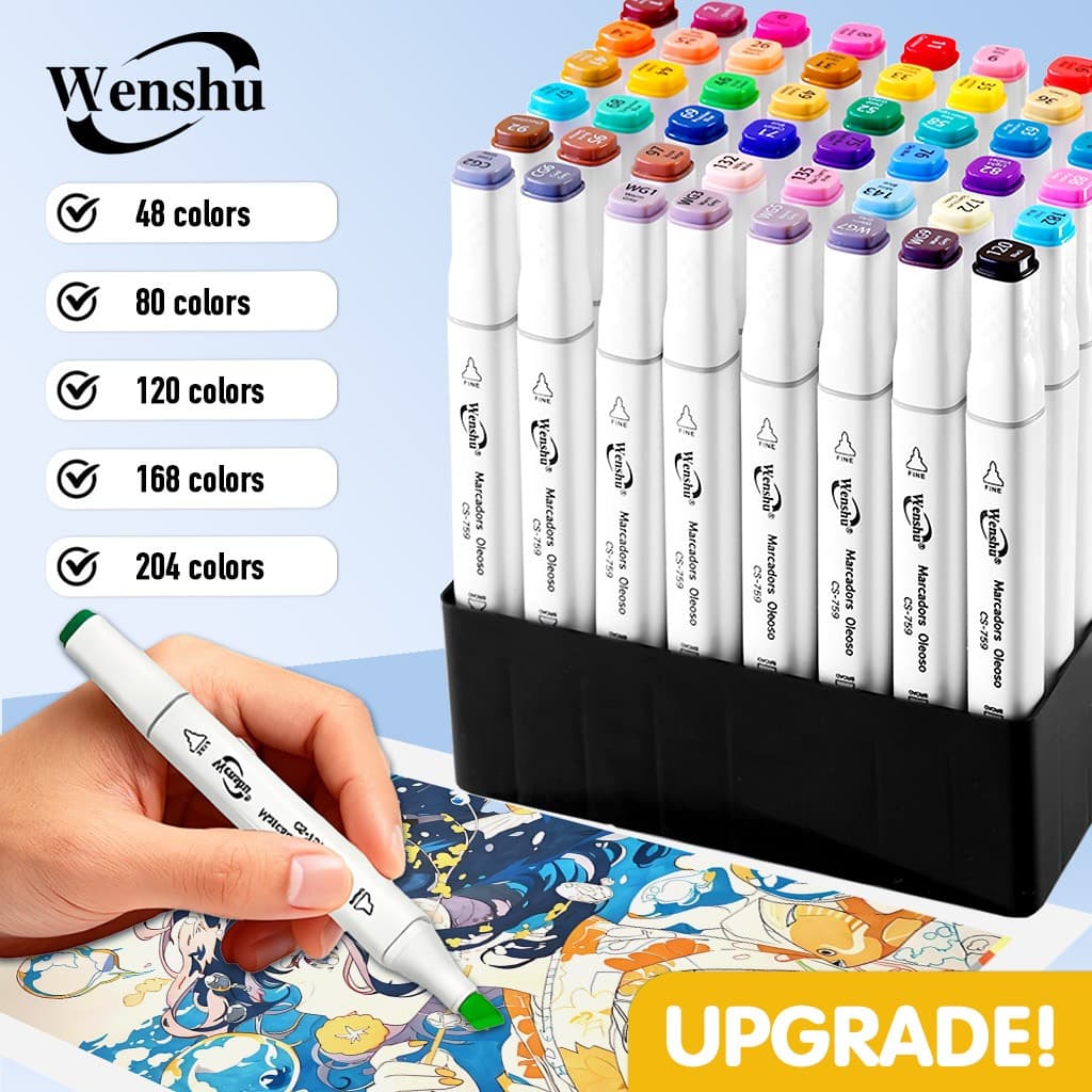 Wenshu Caneta Marcadora Touch Dupla Ponta Ecológicas Álcool para Arte e Desenho 48/80/120/168/204 peças