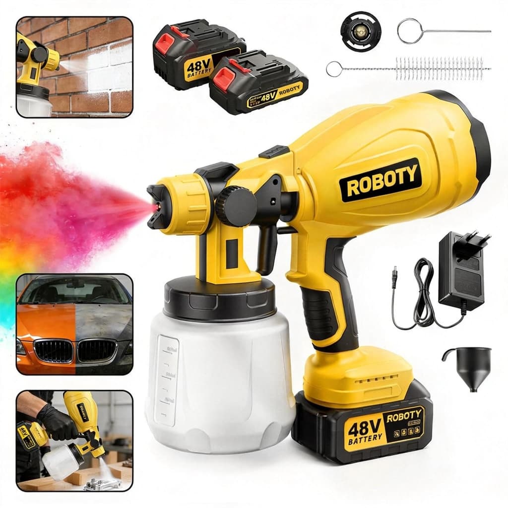 Pistola de Pintura 48V com 2 Baterias - Pulverizador Portátil 1300ml, Bateria de Longa Duração para Uso Profissional