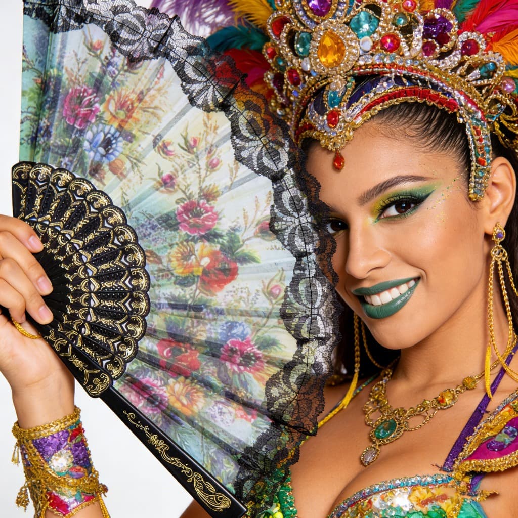 Leque De Mão Tecido Estampado Com Renda Preto Leque Cigano Tecido Floral Estampado Chique Resistente Brazilian Carnival