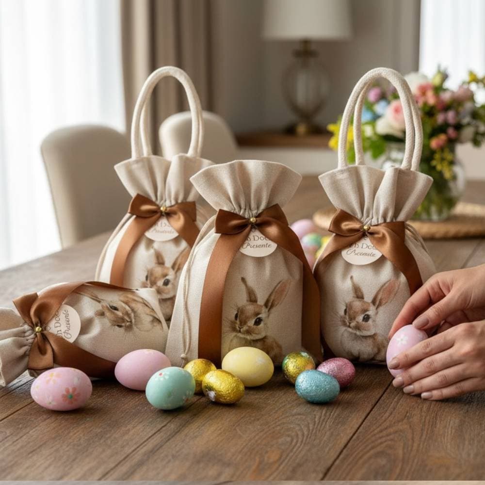 01 Saquinho Montadinho de Linho Coelhinho Coleção Páscoa Lembrancinha com Tag