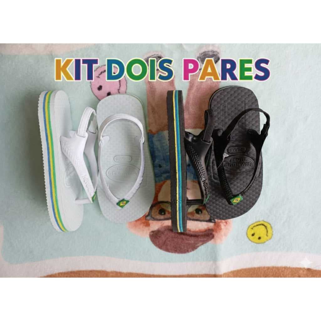 kit dois pares chinelo bebezinho menino menina 3 listras bandeirinha do brasil na borracha leve macia
